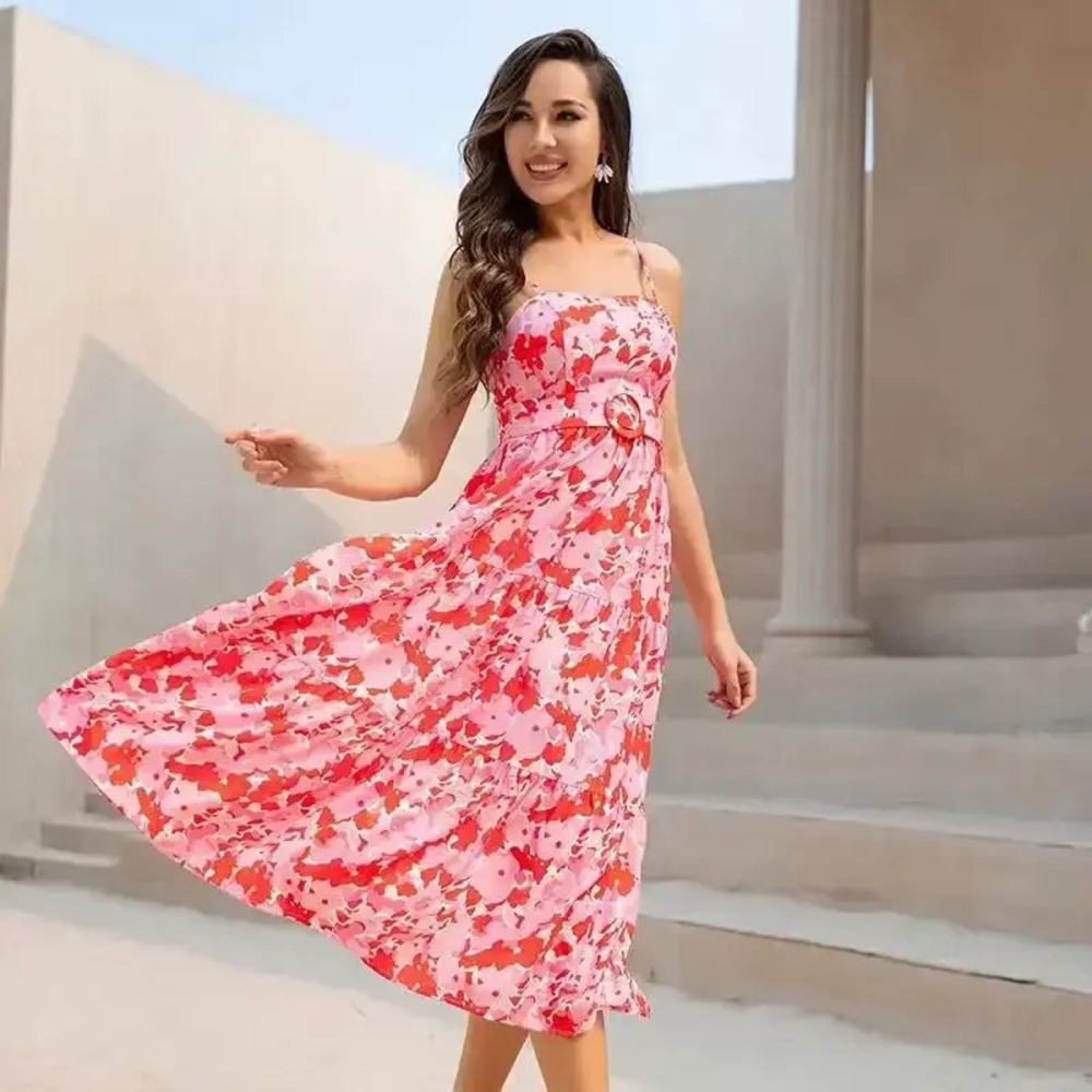 ZARA Red Print Strappy Tie Waist Maxi Dress